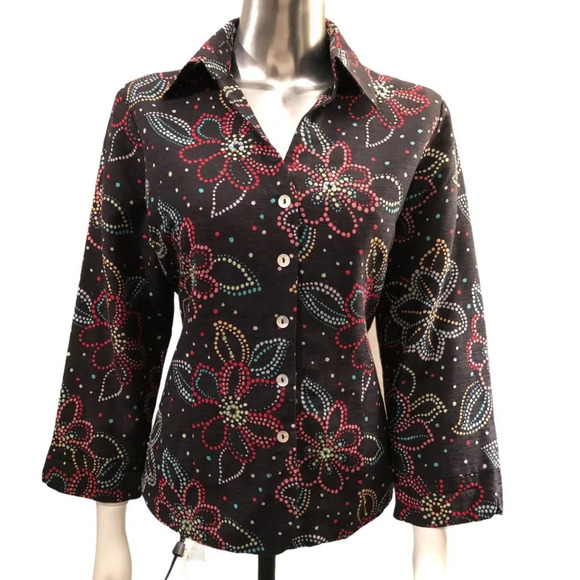 🛍️3/$40 EUC  100% Silk Floral Button Front Jacket Black Size Medium - Picture 1 of 5
